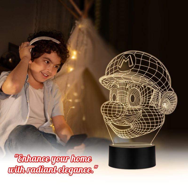 3D Illusion Mario Face CartoonLed Night Lamp with Warm White Color Gift for Cartoon Lover Best Gift for Children Girls Boys